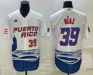 Mens Puerto Rico Baseball #39 Edwin Diaz Number 2023 White World Baseball Classic Stitched Jerseys